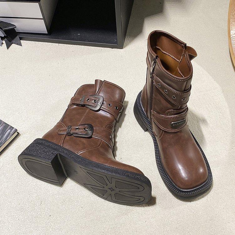 [Ushilai] British style retro temperament short boots women's winter 2025 new belt buckle thick heel fashion boots