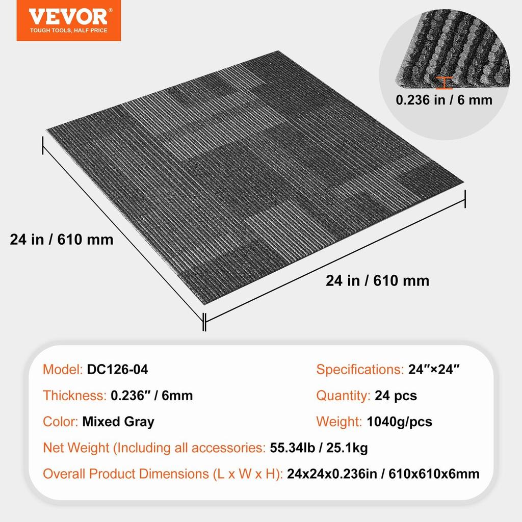 Carpet Tiles Reusable, 24"x 24"Carpet Squares With Padding Attached, Soft Padded Carpet Tiles, Easy Install DIY for Bedroom Living Room (24Tiles,