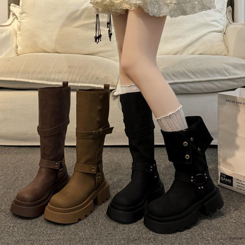 Winter Vintage Platform Woman Knight High Boots Fashion Belt Buckle Thick Sole Shoes Ladies Concise Punk Style Modern Long Botas