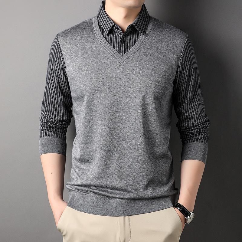 Business Lapel Fashion Striped Knitted Sweater Men's New Fake Two-Piece Knitted Sweaters Young and Middle-Aged Shirt Collar Top