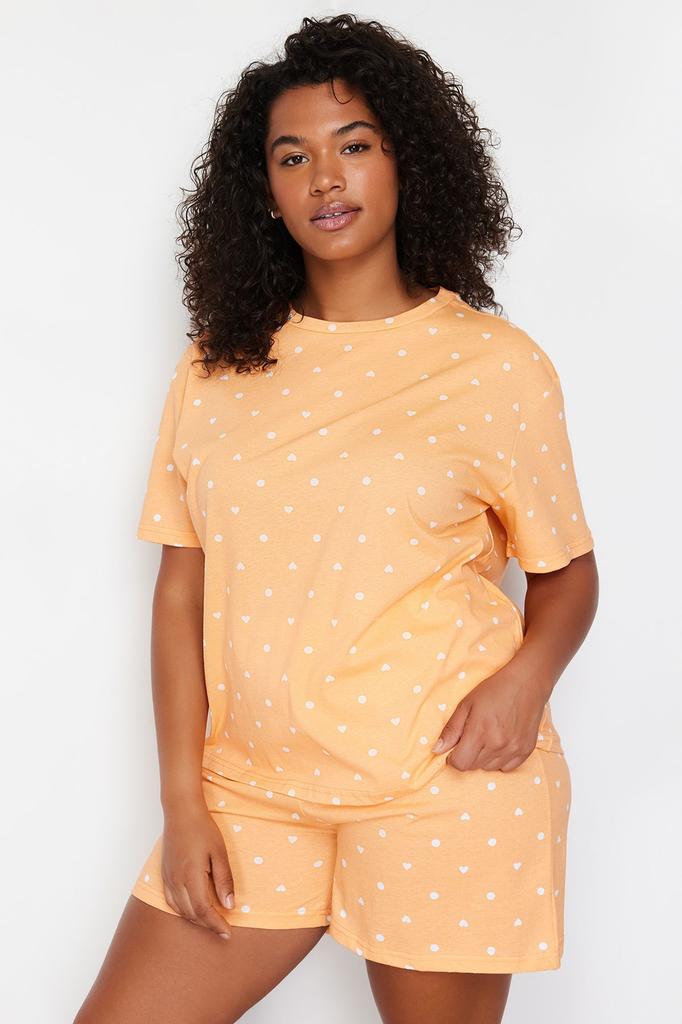 Women's Style Plus Size Light Yellow Teddy Bear Printed Knitted Pajama Set