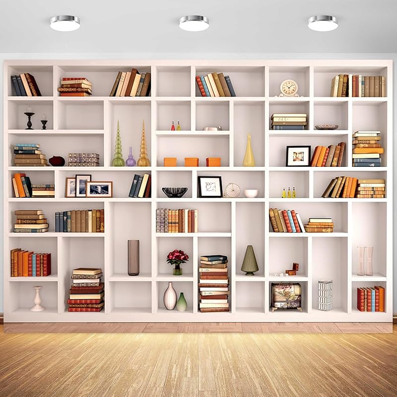 7x5ft White Bookshelf Backdrop Modern Library Office Bookcase Photography Background Home Office Video Banner Indoor Wallpaper Decorations Supplies 5x3ft