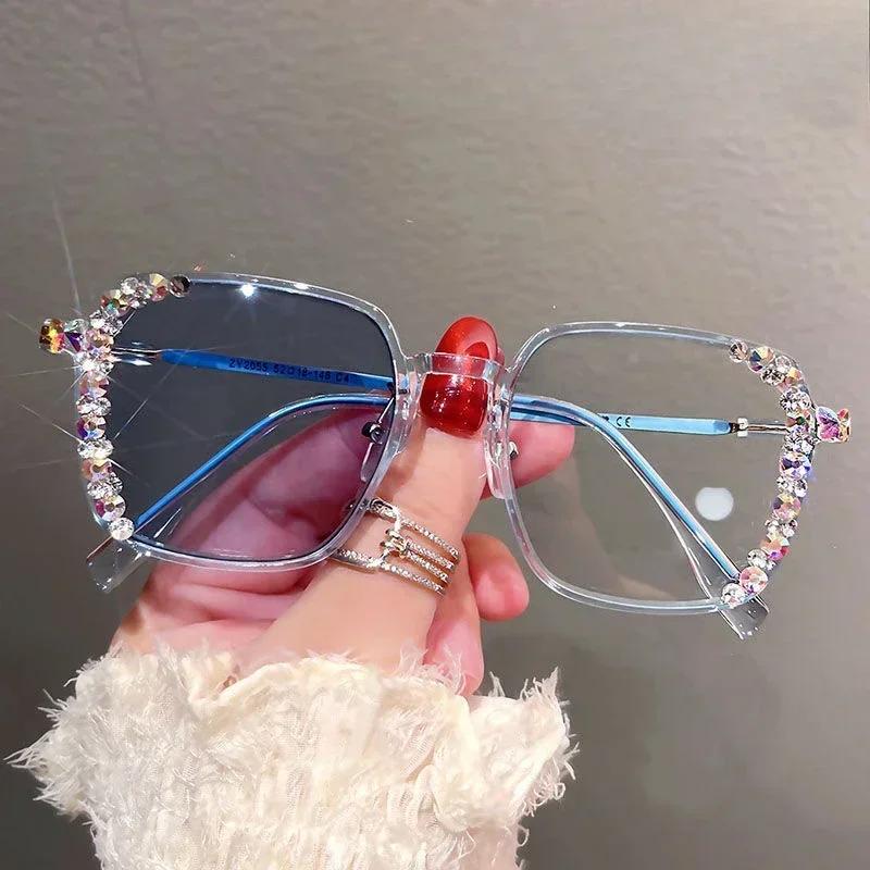 Trendy Luxury Diamond Style Photochromic Myopia Glasses Anti Blue Light Women'S Ultra Light Large Frame Style Diopter To -4.0