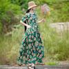 Retro printed cotton and linen dress for women's 2025 summer new lace-up waist round neck short-sleeved long dress