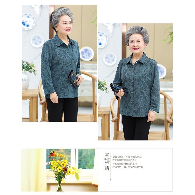 Spring and Autumn Shirts for Middle-aged and Elderly Women with Lapels and Old Ladies' Tops Long-sleeved Shirts