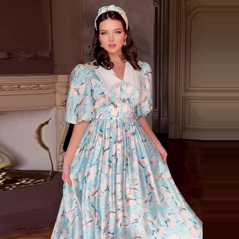 2024 Sommer Colorblock Puffärmel Revers Kleid - Europäische & Amerikanische Damenmode