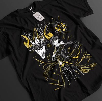 Anime Genshin Impact Zhongli Gelbe Linie Schwarzes T-Shirt Geschenk für Otaku