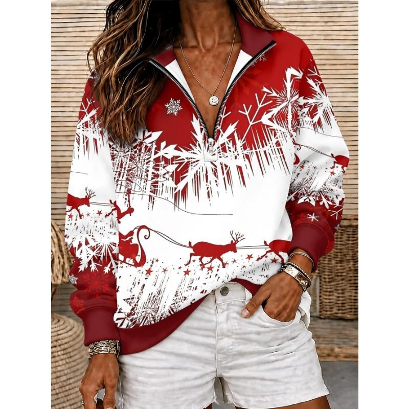 Ladies' Casual Christmas White Snowflake Half Zipper Shoulder Print Hoodie, Autumn and Winter Sports Loose and Comfortable Top