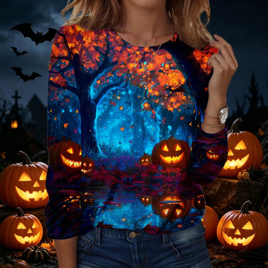 Women's Halloween Printed Pullover Sweatshirt Long Sleeve Crew Neck Casual Top for Fall and Winter Seasonal Wear
