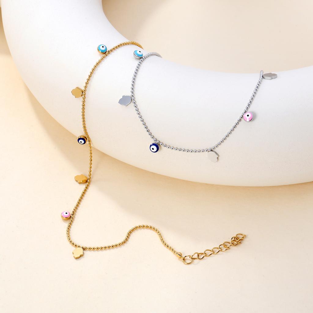 Damen Sommer Bunter Knöchelschmuck Türkische Augen Hamas Hand Anhänger Fußkettchen Chirurgenstahl Wasserdicht Einfach Strand Accessoires