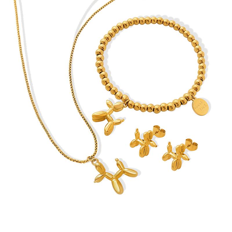 Cute Balloon Dog Clavicle Necklace & Earrings Set in Titanium Steel & 18K Gold