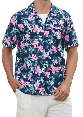 HISDERN Aloha Kurzarm Hemd Floral Japanisch 381F, Ärmel, Atmungsaktiv, Schnelltrocknend, Sommer, Herren, Druck, Stil, Lässig, Stilvoll, Sommer, Rosa, Marineblau,