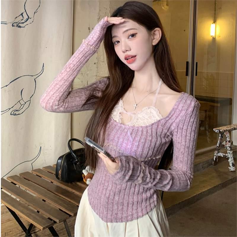 

2024 Autumn Lace Halterneck Spliced Two-Piece Slimming Top for Women Extra Large фіолетовий
