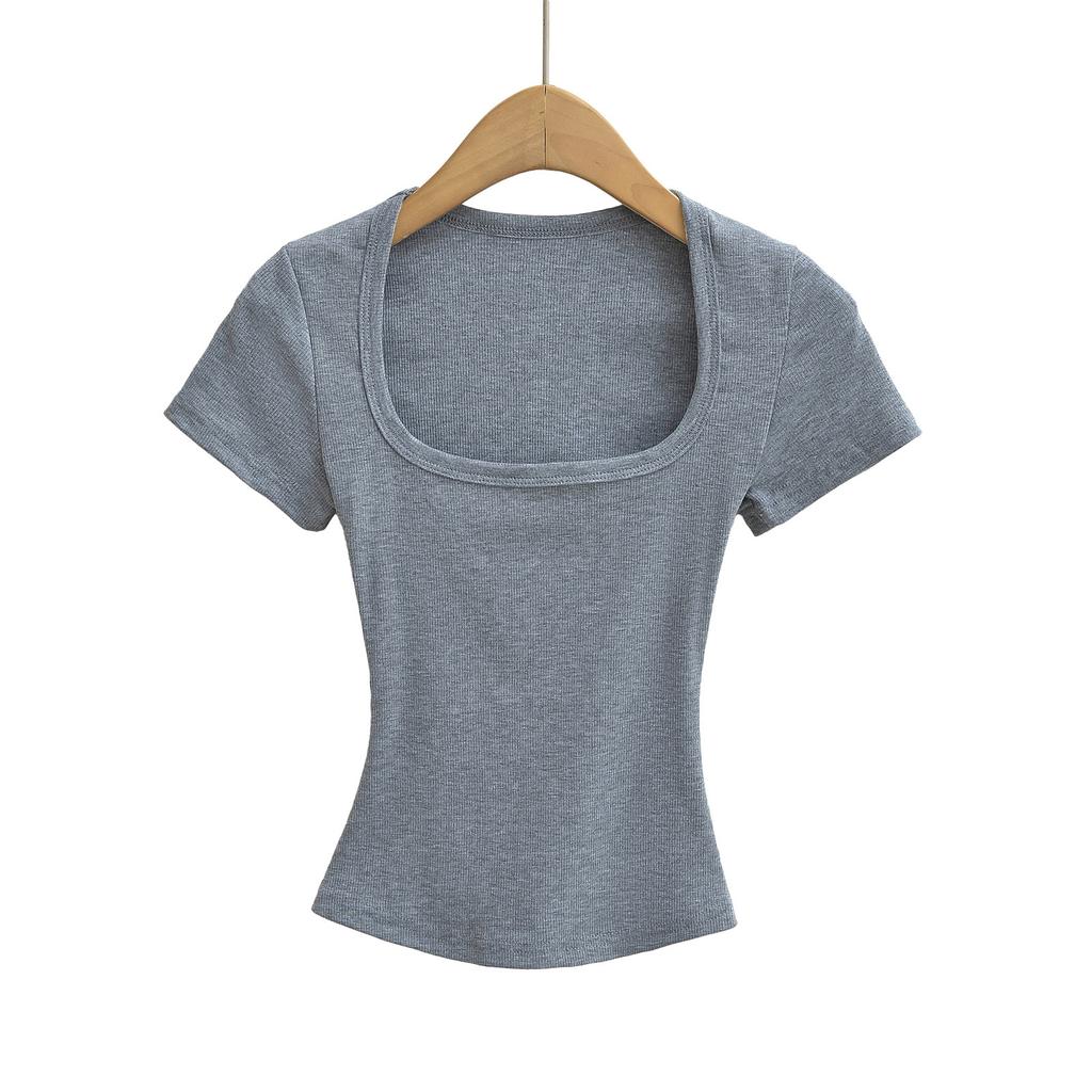 Summer Square Collar High Elastic Crop Top Ladies Short-sleeved Sexy Top Slim Pullover Bottoming Shirt