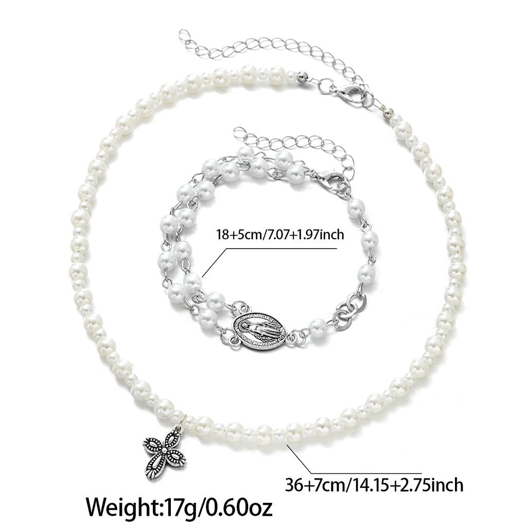 2-piece Ethnic Style Cross Pendant Imitation Pearl Necklace, Jesus Tag Bead Bracelet, Versatile Women's Jewelry Set