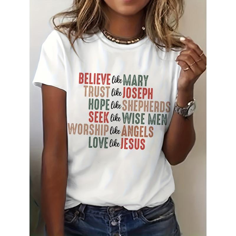 

Merry Christmas Jesus Letter Print T-shirt, Short Sleeve Crew Neck Casual Top for Summer & Spring, Women s Clothing S белый