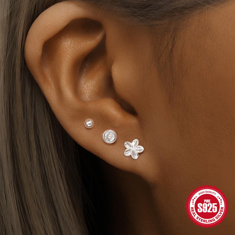 Silver Three-Piece Summer S925 Sterling Silver Bee Petals Butterfly Flowers Pearl Set Combination Versatile Stud Earrings
