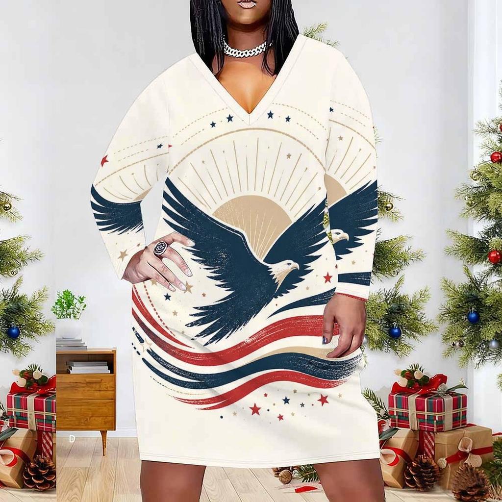 Women Plus Size Off White V Neck Long Sleeve Printed Fitted Straight Hem Dress