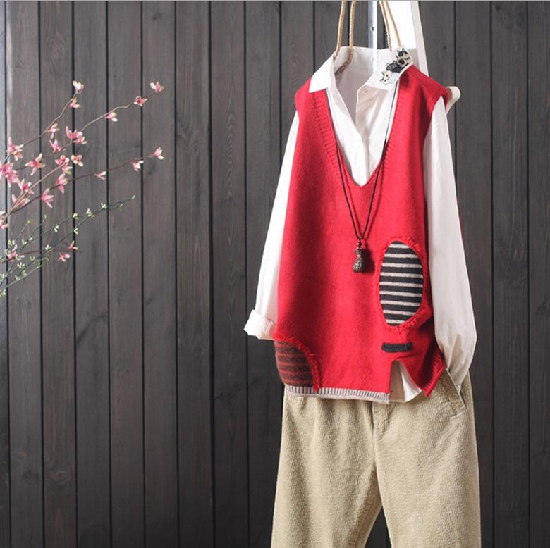 Autumn Winter Women's Loose Knitted Vest Sleeveless Vest Literary Color-block V-neck Pullover Knit Waistcoat