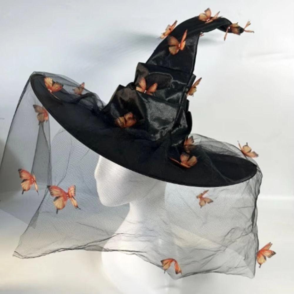 Mesh Yarn Cover Butterfly Witch Hat Colorful Butterflies Design Wizard Cap With Veil Durable Masquerade Cap Women's Costume