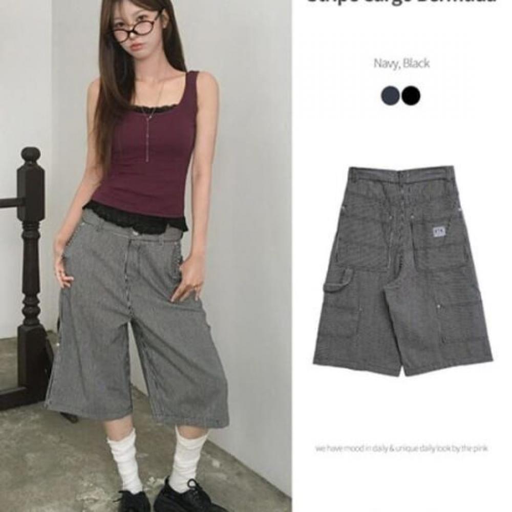 The Pink Women S Striped Patch Wide Bermuda Cargo pantS