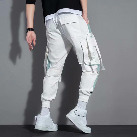 Men Cargo Pants Strap Decor Multi Pockets Loose Elastic Waist Ankle-banded Color Matching Hip Hop Streetwear Work Outdoor Trousers