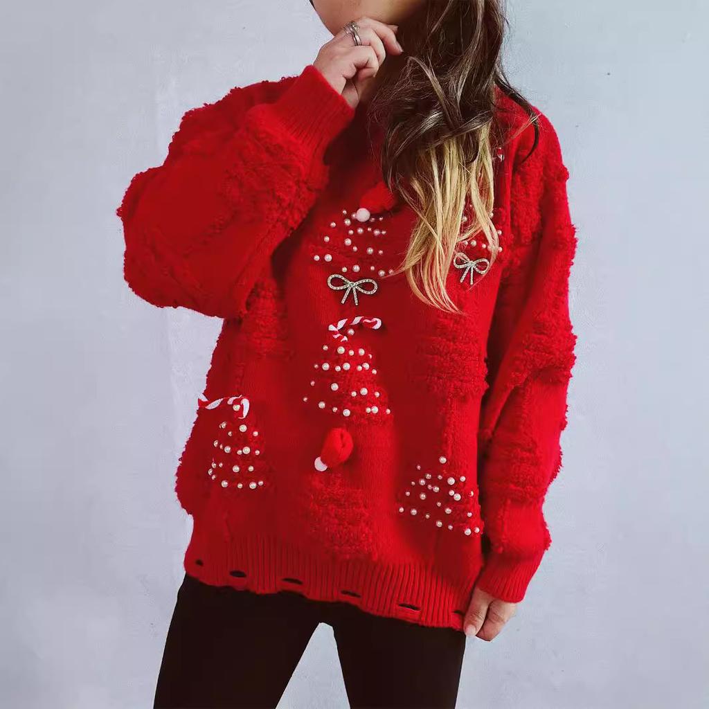 Solid color handmade pearl Christmas three-dimensional decoration plush New Year sweater Christmas sweater 3612 EMA