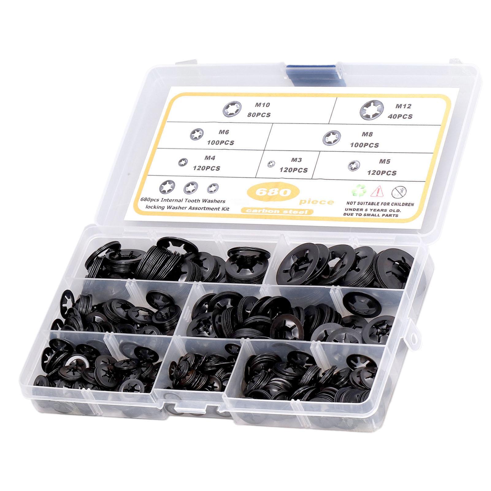 

680 шт. стопорных шайб, плоских стопорных шайб с внутренними зубьями, набор из углеродистой стали M3M12