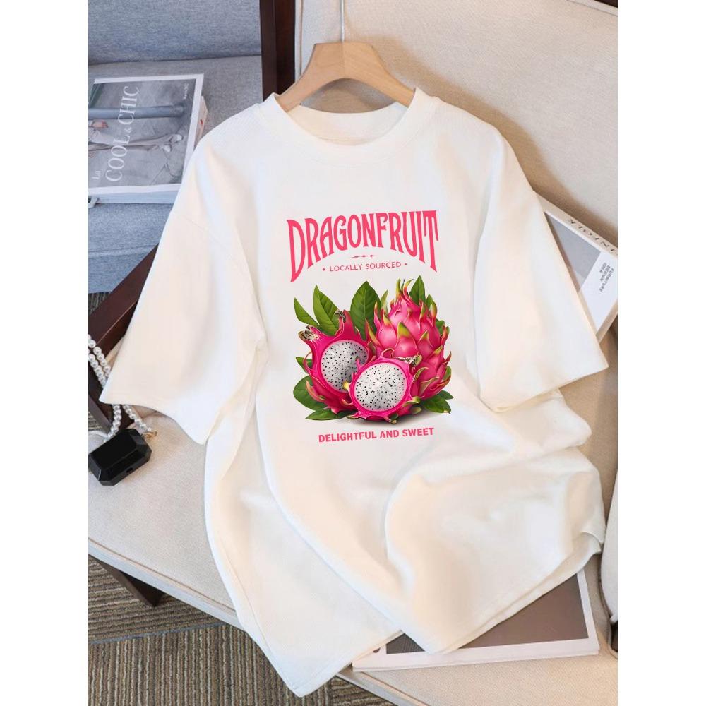 

Summer T-shirt Women s Dragon Fruit Printed Top Soft Round Neck Casual Short Sleeve T-shirt Basic Women s Clothing M
