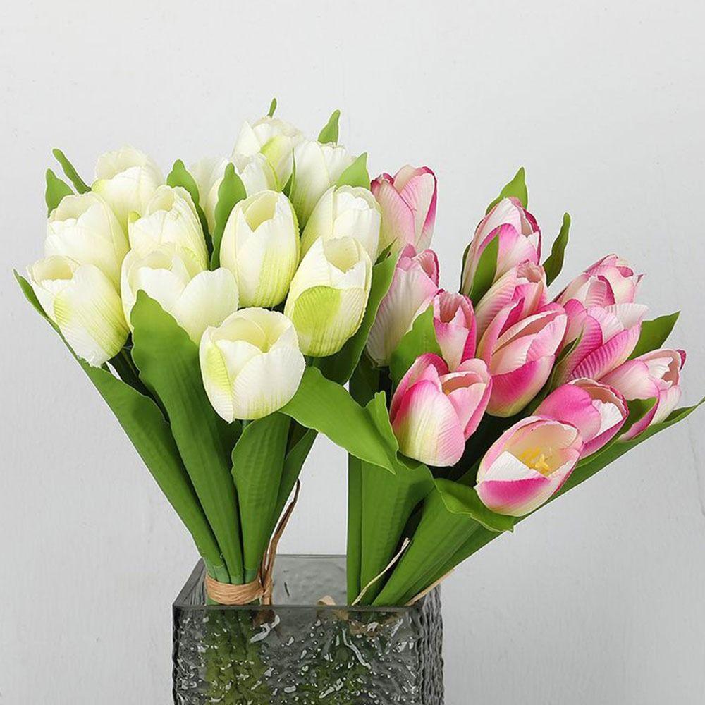 Creative 12 Heads Tulip Artificial Flower Green Leaves Multicolor Simulation Tulip Flower DIY Photo Props Faux Flower Gift