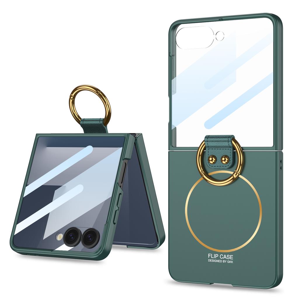 Magnetic for Samsung Z Flip 7 with Ring Stand and Tempered Protective Film Ultrathin Phone Case Cover for Samsung Galaxy ZFlip 7