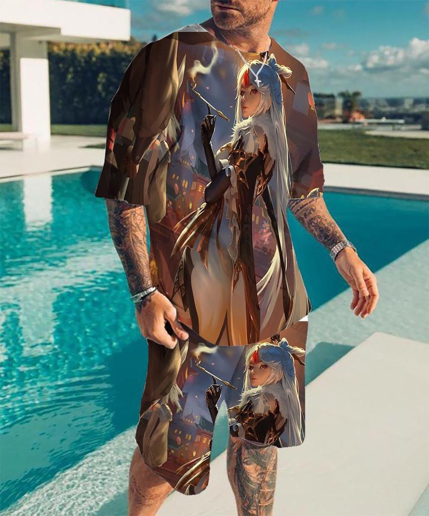 European and American cross-border new animation 3D digital original god printing men's T-shirt shorts set wholesale, short-sleeved set