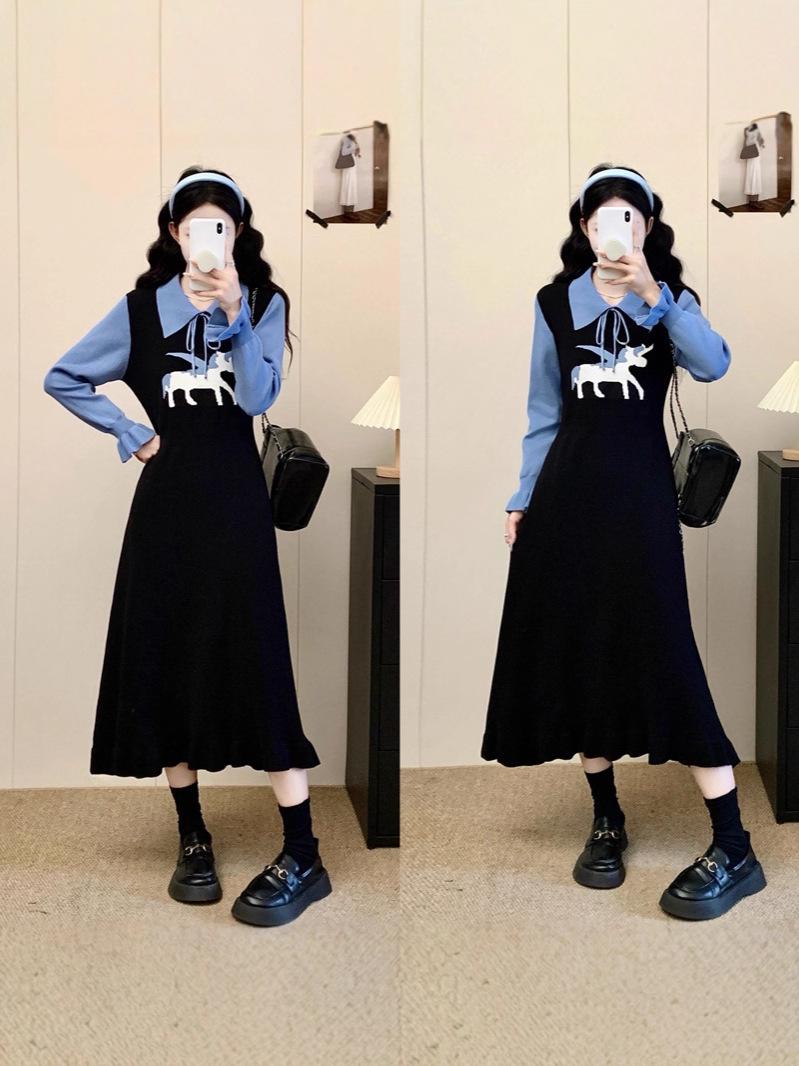 Plus Size Women s A-line Long Sleeve Patchwork Knit Dress XXL