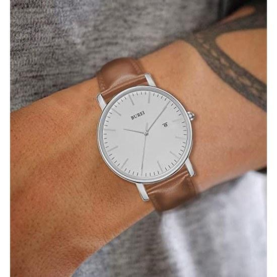 BUREI Wristwatch Leather Men Simple Business Waterproof Analog Mens Watch Stylish Popular Date Brand Gentlemen Thin M