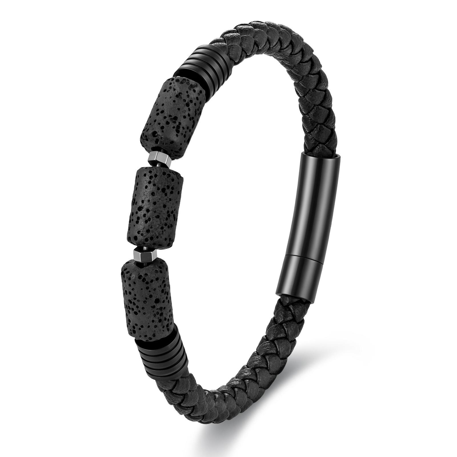 Natural Stone Leather Rope Cowhide Men s Bracelet Genuine Leather Woven Bracelet Volcanic Stone Multi-layer Leather Bracelet 2026 21CM
