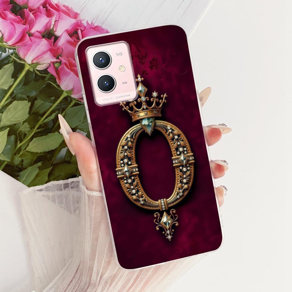 For Vivo Y33s 5G Case Cover Transparent Luxury Crown A-Z Letters 2D Flat Pattern Soft Phone Case For Vivo V2166A