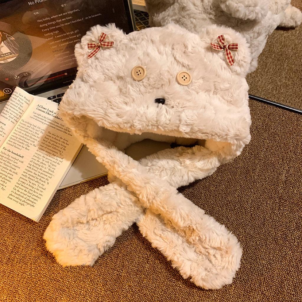 

Мультяшная плюшевая шапка-медведь осенне-зимняя шапка-шарф интегрированная утолщенная теплая ветрозащитная шапка-шарф Лэй Фэн для девушки Other