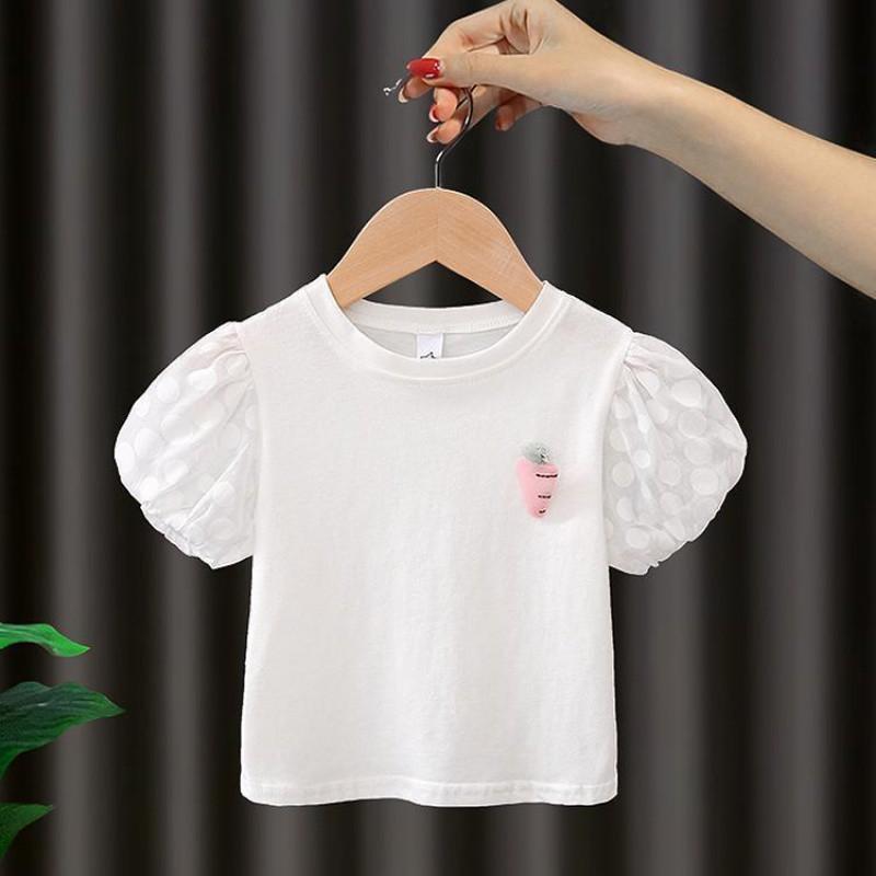 

Chic Summer Apparel For Girls With Casual Puff Sleeve Shirt And Stylish Denim Pants White Top,140cm