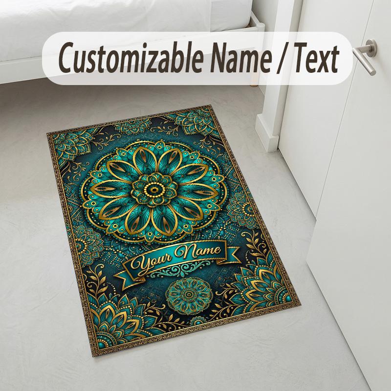 Golden Mandala Theme Soft Crystal Velvet Rug Custom Name & Text Print Non Slip Floor Rug for Bedroom Living Room