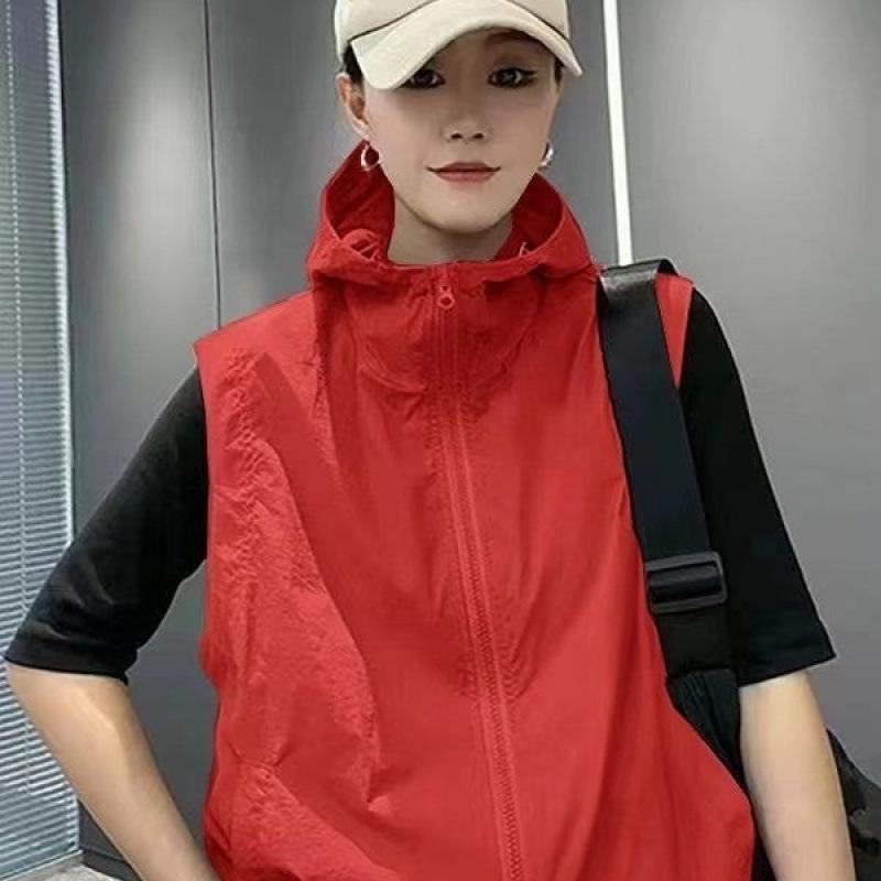 Damen Sommer Lose Dünnschliff Kapuzenweste Outdoor Sports Einfarbig Kurzer Abschnitt Sonnenhemd