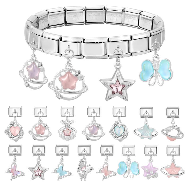 Creative Bow Knot Star Shell Butterfly Pendant Italian Charm Links Fit 9MM Stainless Steel Bracelet Girls' DIY Making Jewelry