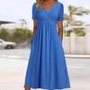 Women's Short Sleeve Midi Dress V Neck High Waist Streetwear Casual Solid Flared Long Dress With Side Pockets