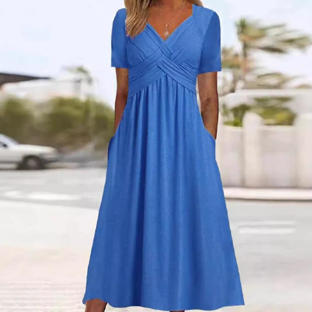 Women's Short Sleeve Midi Dress V Neck High Waist Streetwear Casual Solid Flared Long Dress With Side Pockets