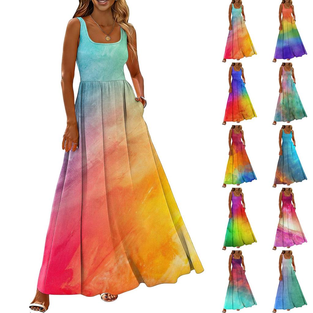 Women's Sleeveless Maxi Dress Summer Casual Long Dress Tie-Dye Print Round Neck Relaxed Fit Lightweight Fabric