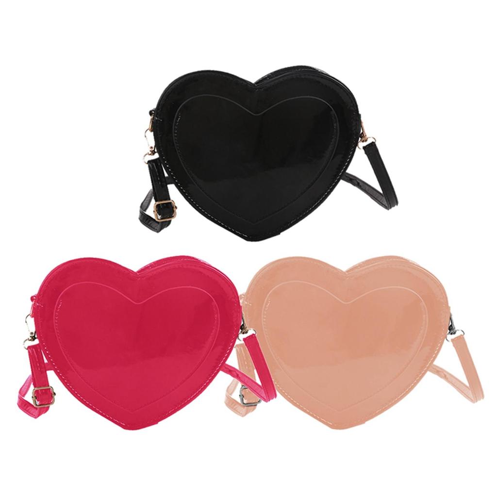 Love Heart Shape Shoulder Bag Glossy PU Leather Adjustable Shoulder Strap Pure Color Casual Trendy Satchel for Women