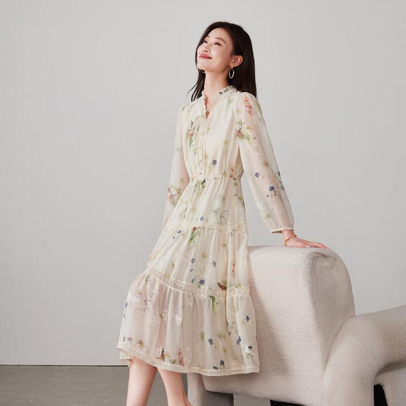SOFSIL 2026 Spring V-Neck Print Long Sleeve Tie-Waist Dress L