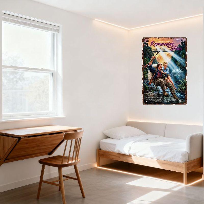 Romancing the Stone Vintage Movie Poster Metal Tin Sign, Jungle Waterfall Adventure Art Plaque for Man Cave Bar Home Decor