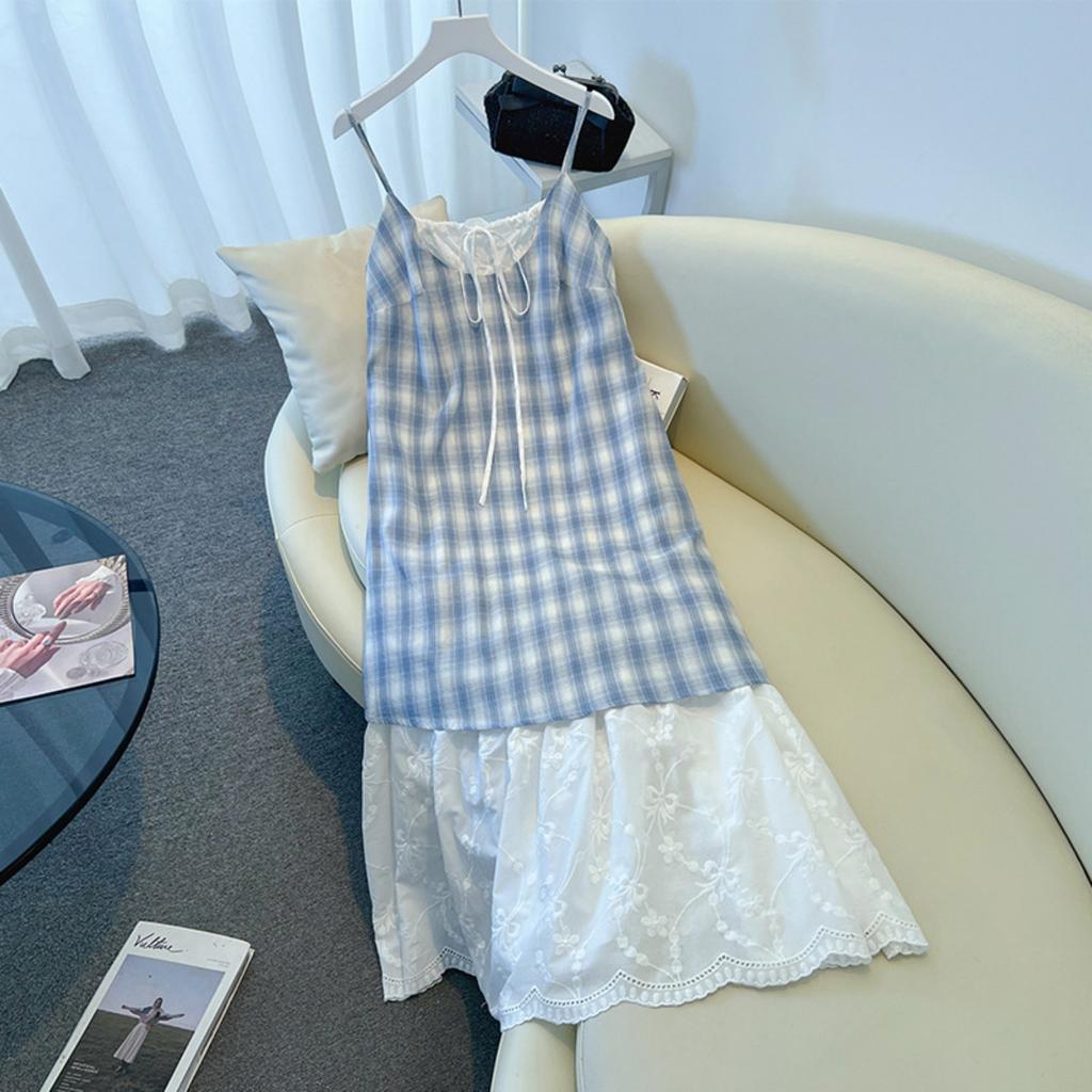 Women's Sleeveless Tie Neck A-Line Midi Dress Loose Fit Sweet Style Plaid Dress