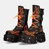 Fashion Retro Dark Style Punk Motorcycle Boots Flame Thick-Soled Boots Men/women Fashion Rock Boots Lace Up Belt Buckle Mid-Calf Boots