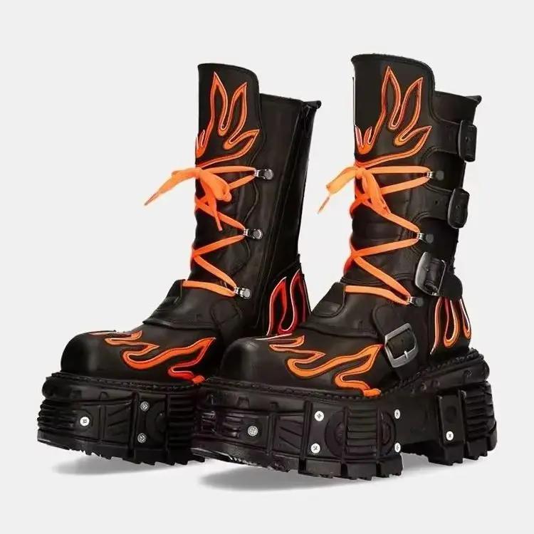 Retro Dark Style Punk Motorcycle Boots Flame Thick-Soled Boots Men/women Rock Boots Lace Up Belt Buckle Mid-Calf Boots